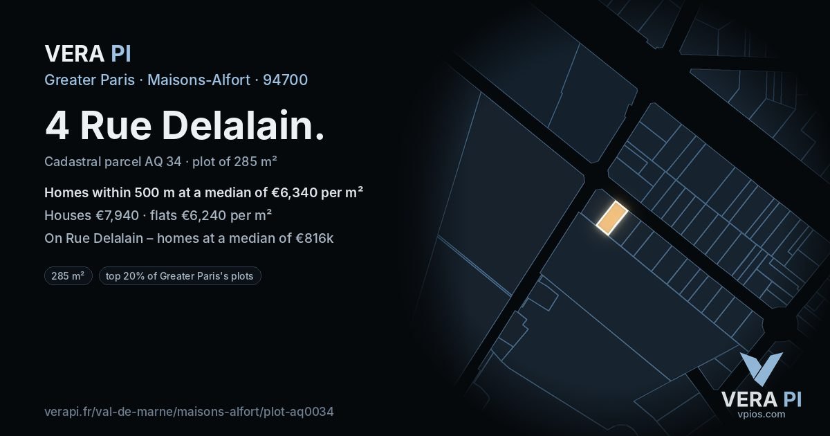 4 Rue Delalain, Maisons-Alfort at night – the plot lit, the parcels around coloured by the prices near them