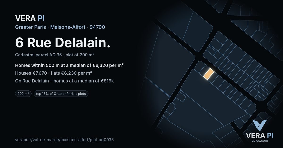 6 Rue Delalain, Maisons-Alfort at night – the plot lit, the parcels around coloured by the prices near them
