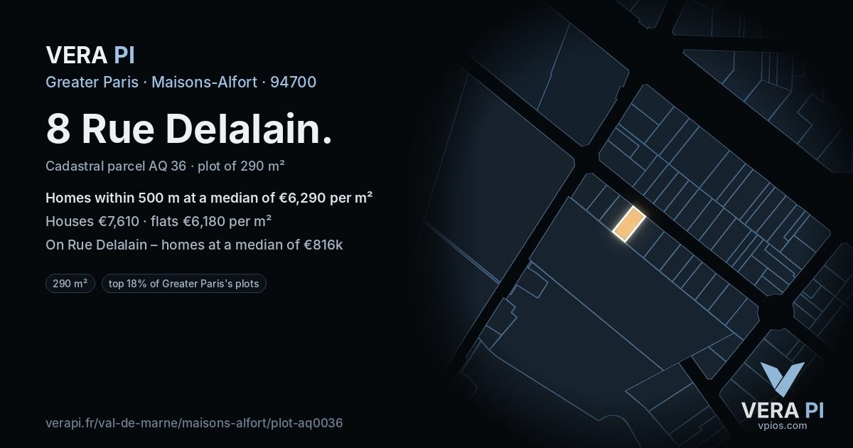 8 Rue Delalain, Maisons-Alfort at night – the plot lit, the parcels around coloured by the prices near them