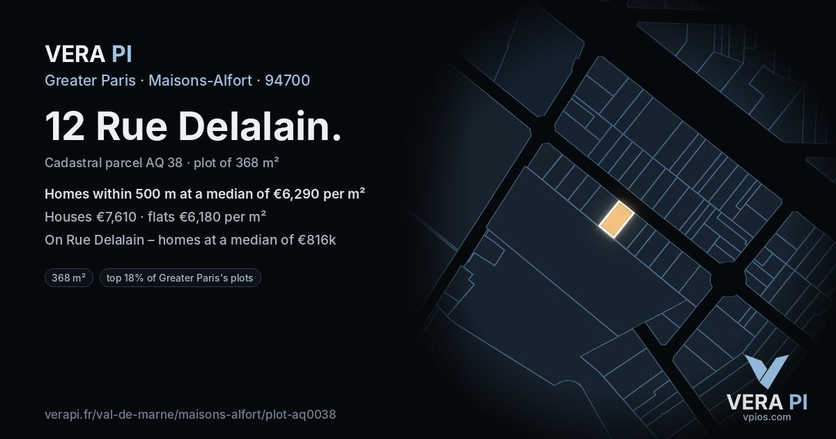 12 Rue Delalain, Maisons-Alfort at night – the plot lit, the parcels around coloured by the prices near them