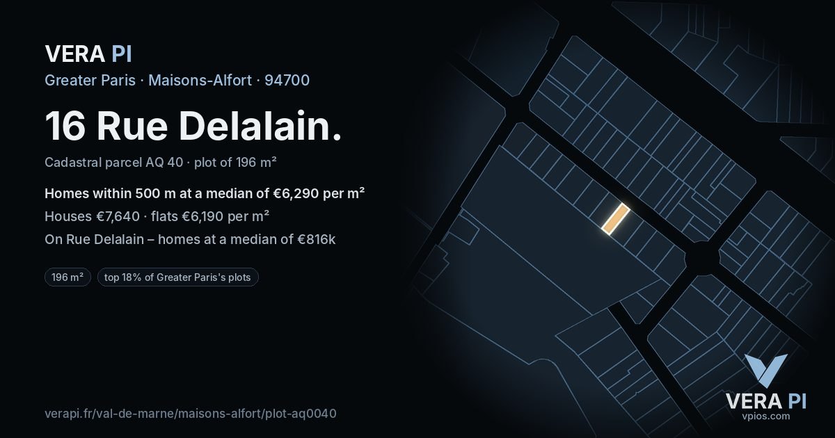 16 Rue Delalain, Maisons-Alfort at night – the plot lit, the parcels around coloured by the prices near them
