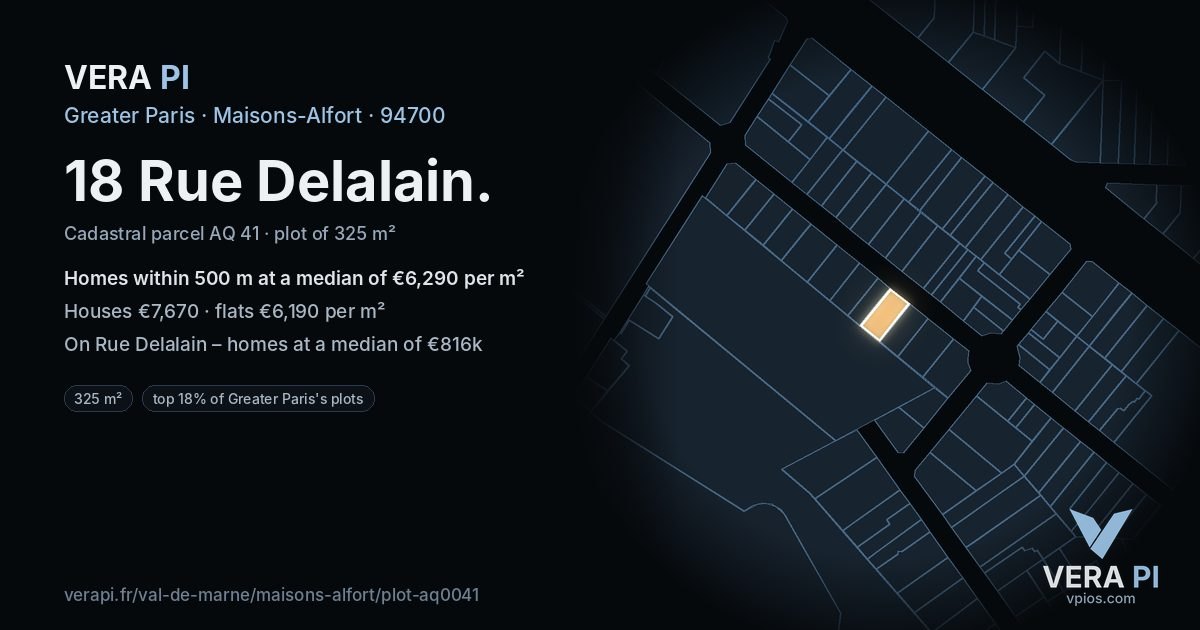 18 Rue Delalain, Maisons-Alfort at night – the plot lit, the parcels around coloured by the prices near them