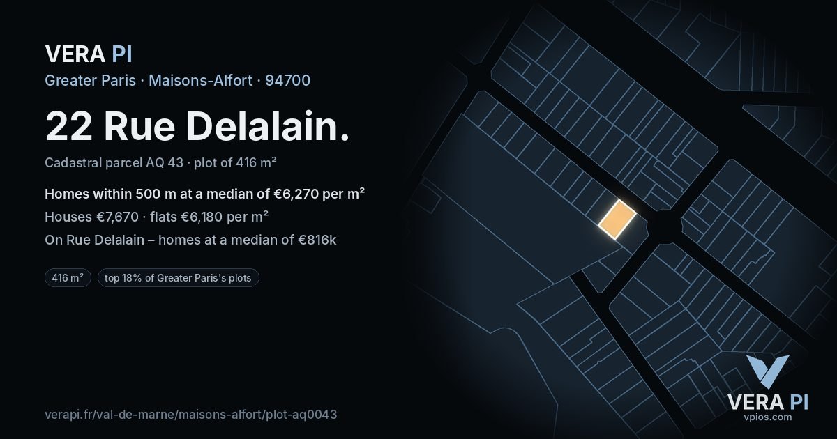 22 Rue Delalain, Maisons-Alfort at night – the plot lit, the parcels around coloured by the prices near them