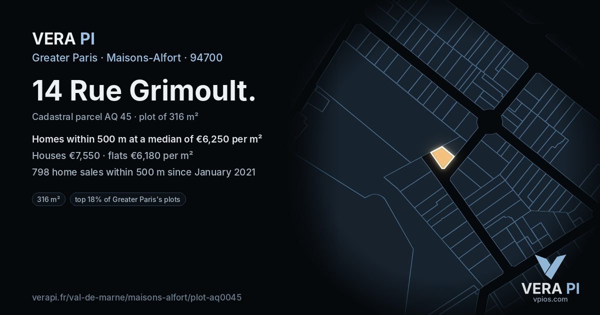 14 Rue Grimoult, Maisons-Alfort at night – the plot lit, the parcels around coloured by the prices near them