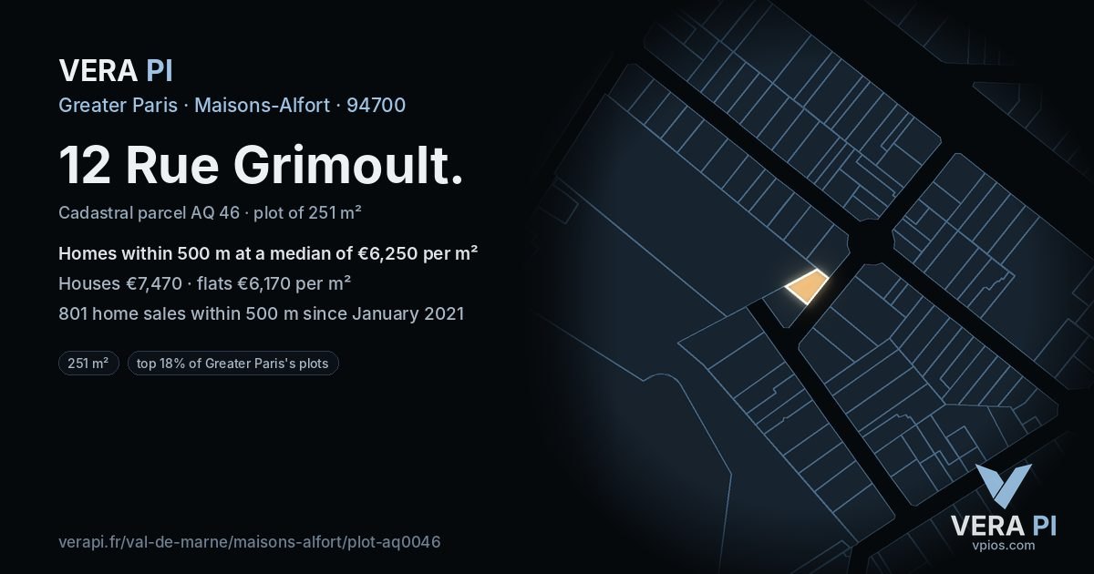 12 Rue Grimoult, Maisons-Alfort at night – the plot lit, the parcels around coloured by the prices near them