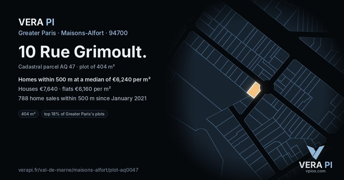 10 Rue Grimoult, Maisons-Alfort at night – the plot lit, the parcels around coloured by the prices near them