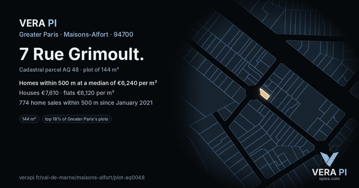 7 Rue Grimoult, Maisons-Alfort at night – the plot lit, the parcels around coloured by the prices near them