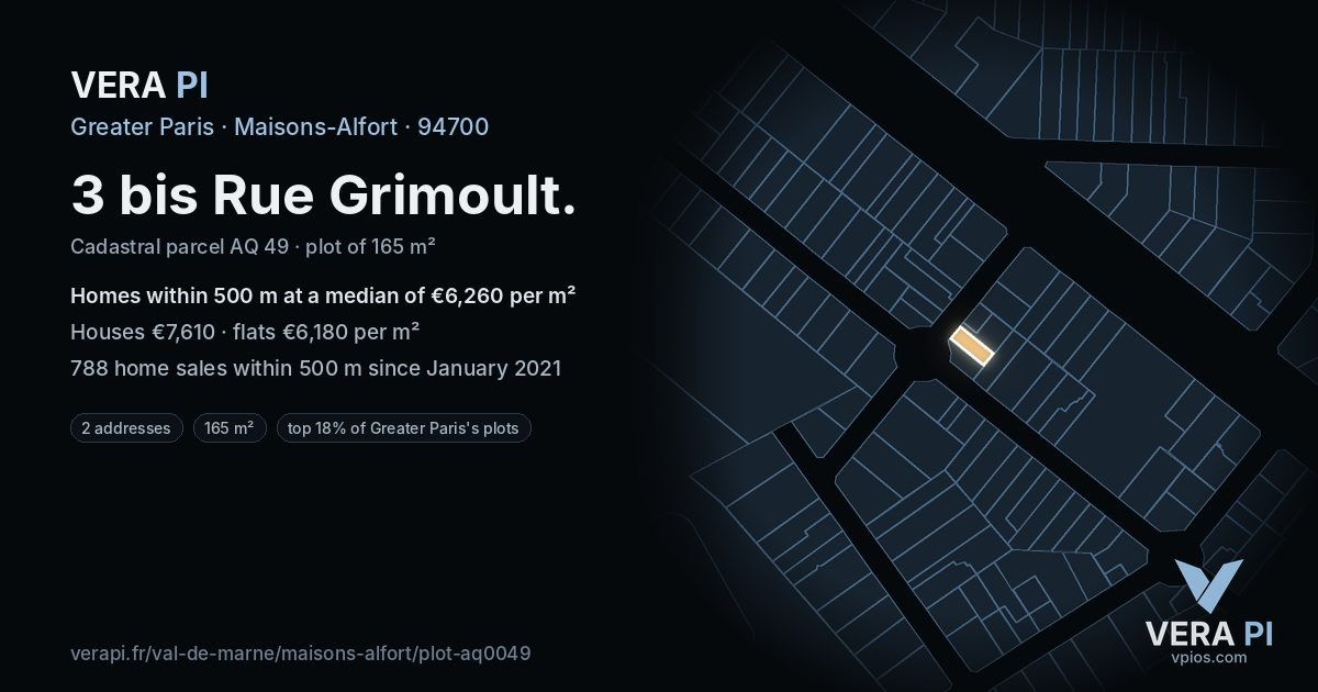 3 bis Rue Grimoult, Maisons-Alfort at night – the plot lit, the parcels around coloured by the prices near them