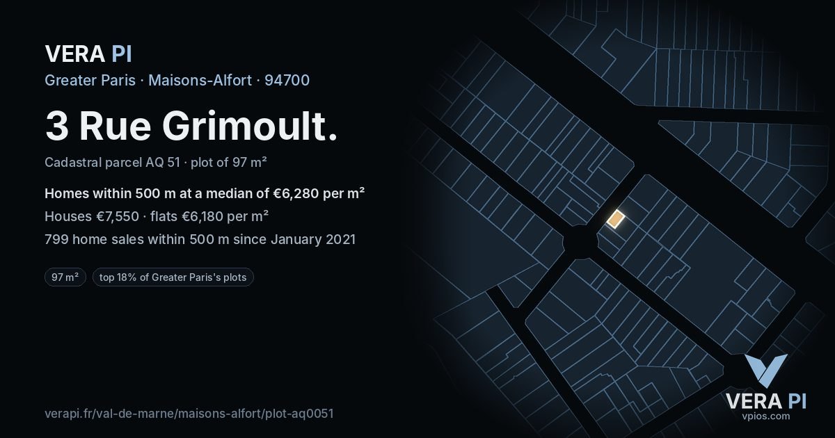 3 Rue Grimoult, Maisons-Alfort at night – the plot lit, the parcels around coloured by the prices near them
