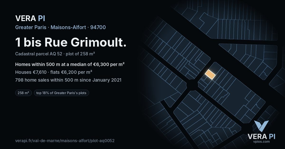 1 bis Rue Grimoult, Maisons-Alfort at night – the plot lit, the parcels around coloured by the prices near them