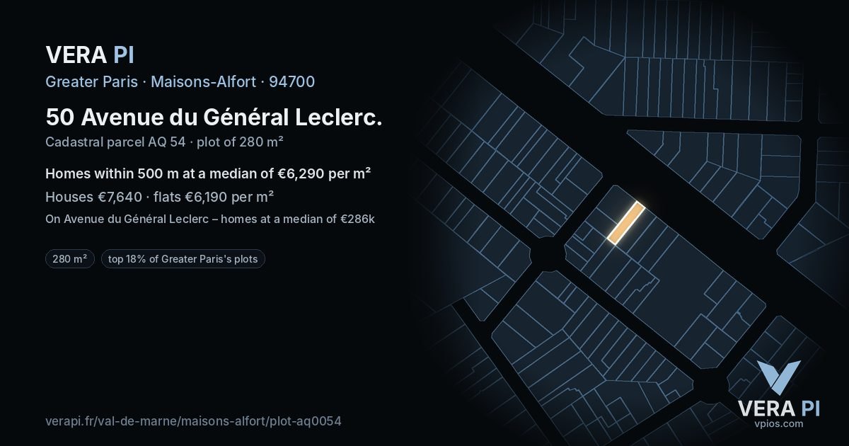 50 Avenue du Général Leclerc, Maisons-Alfort at night – the plot lit, the parcels around coloured by the prices near them