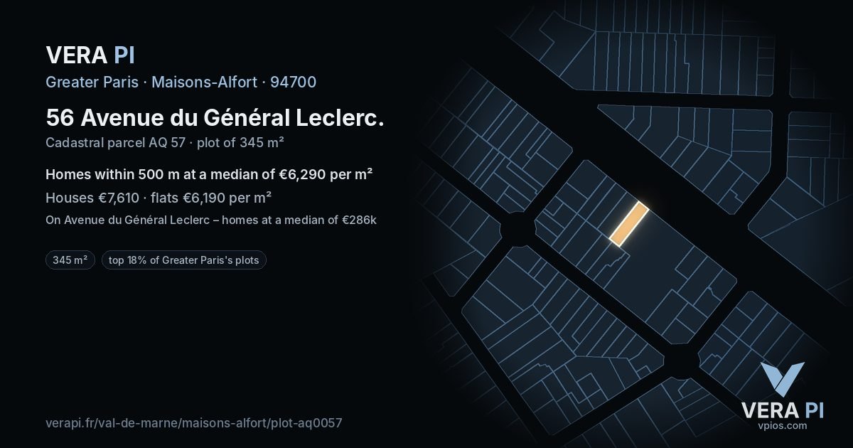 56 Avenue du Général Leclerc, Maisons-Alfort at night – the plot lit, the parcels around coloured by the prices near them