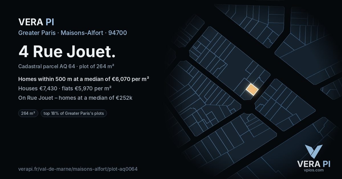 4 Rue Jouet, Maisons-Alfort at night – the plot lit, the parcels around coloured by the prices near them