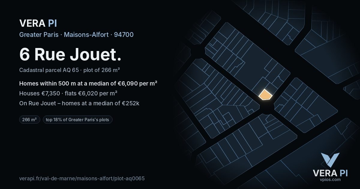 6 Rue Jouet, Maisons-Alfort at night – the plot lit, the parcels around coloured by the prices near them