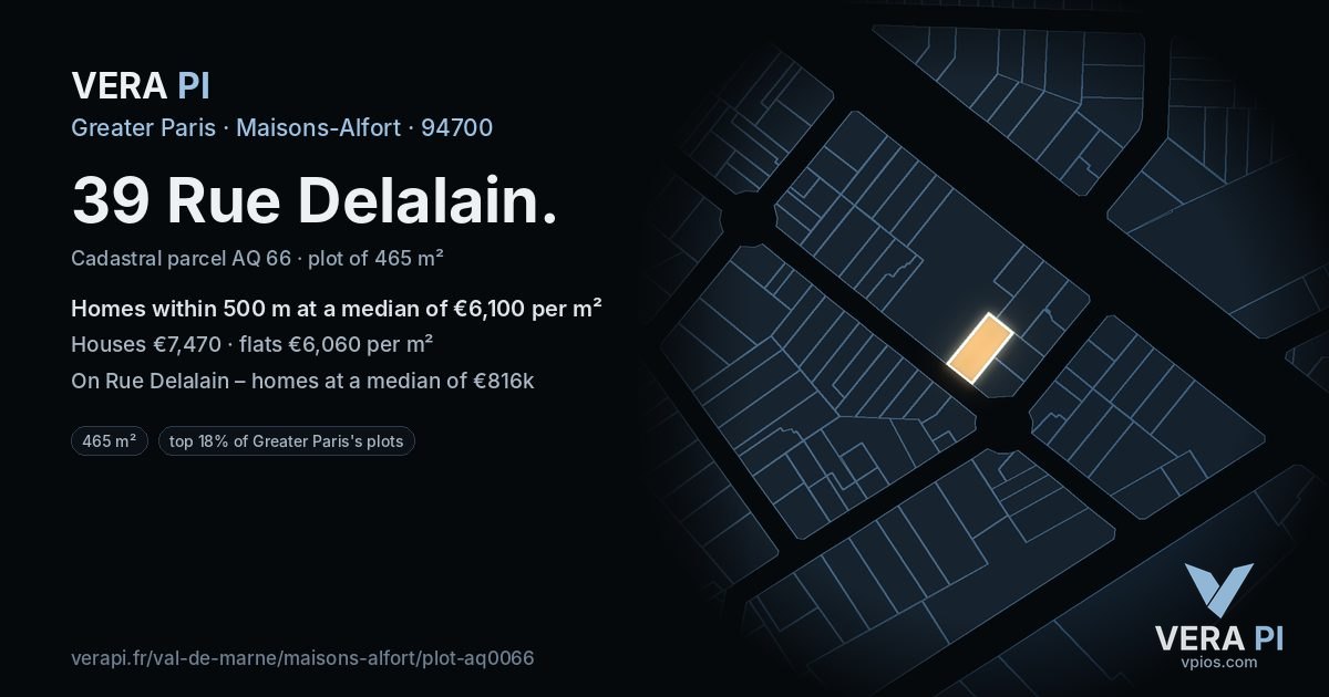 39 Rue Delalain, Maisons-Alfort at night – the plot lit, the parcels around coloured by the prices near them