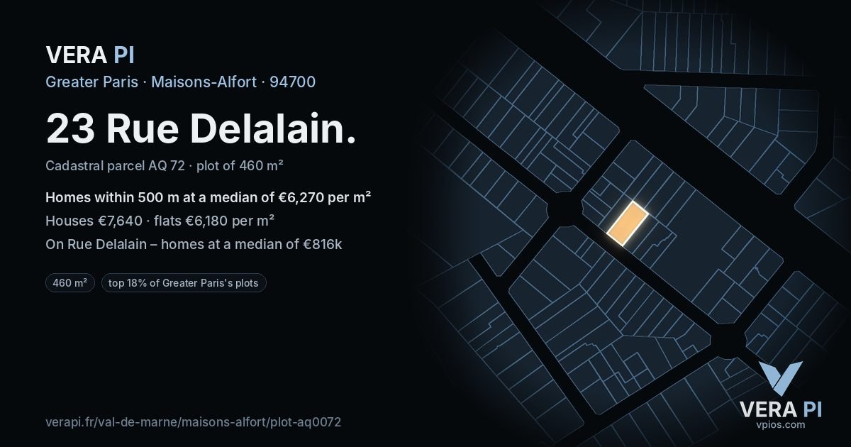 23 Rue Delalain, Maisons-Alfort at night – the plot lit, the parcels around coloured by the prices near them