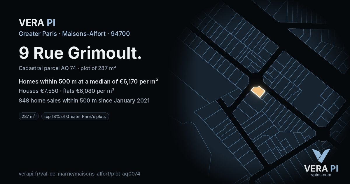 9 Rue Grimoult, Maisons-Alfort at night – the plot lit, the parcels around coloured by the prices near them