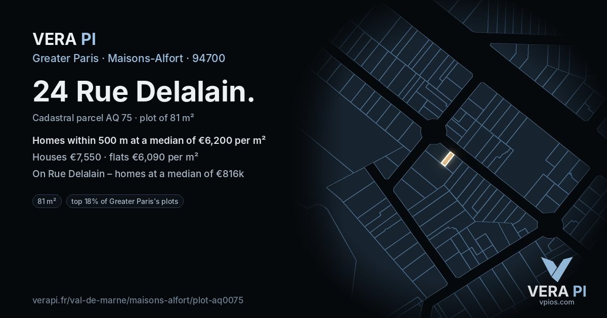 24 Rue Delalain, Maisons-Alfort at night – the plot lit, the parcels around coloured by the prices near them