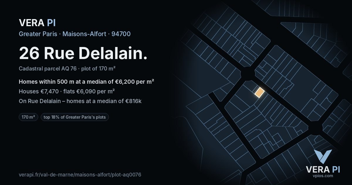 26 Rue Delalain, Maisons-Alfort at night – the plot lit, the parcels around coloured by the prices near them
