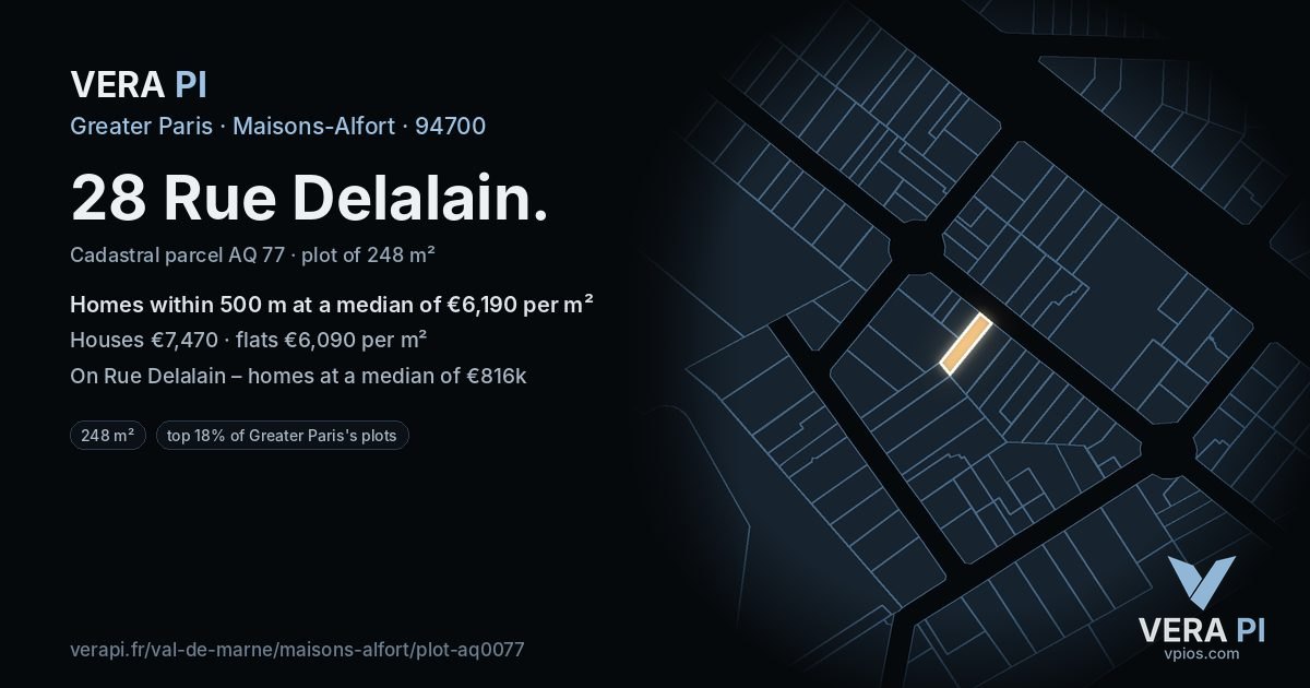28 Rue Delalain, Maisons-Alfort at night – the plot lit, the parcels around coloured by the prices near them