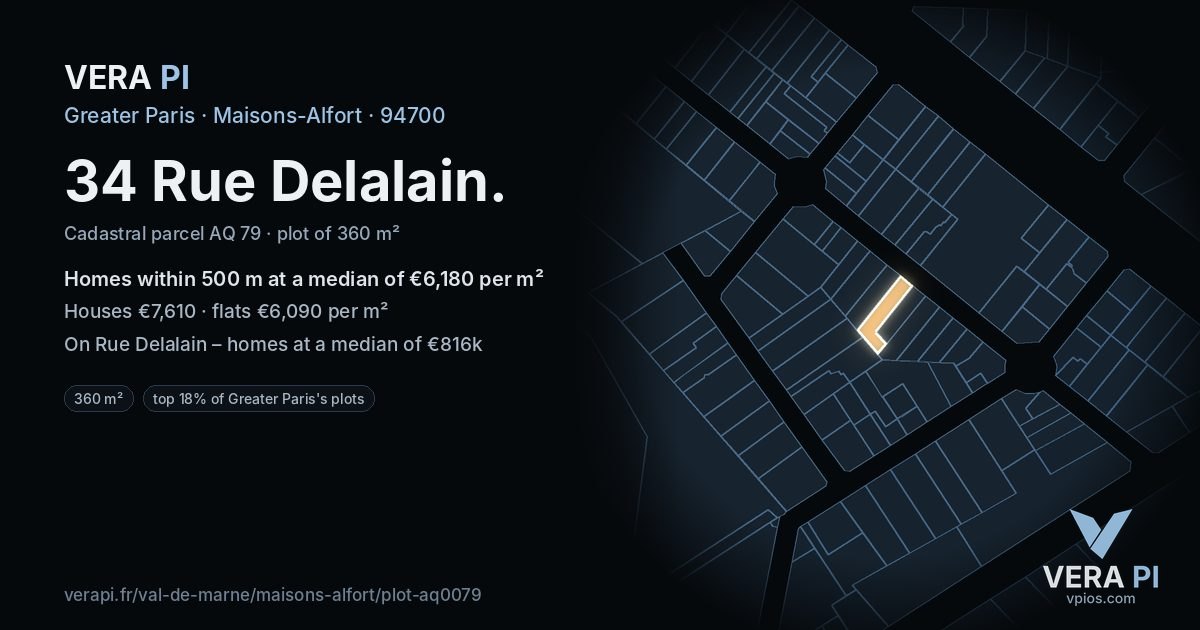 34 Rue Delalain, Maisons-Alfort at night – the plot lit, the parcels around coloured by the prices near them