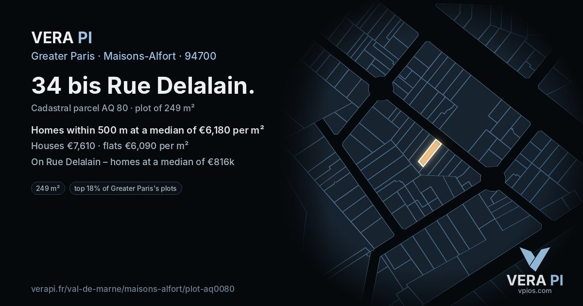 34 bis Rue Delalain, Maisons-Alfort at night – the plot lit, the parcels around coloured by the prices near them