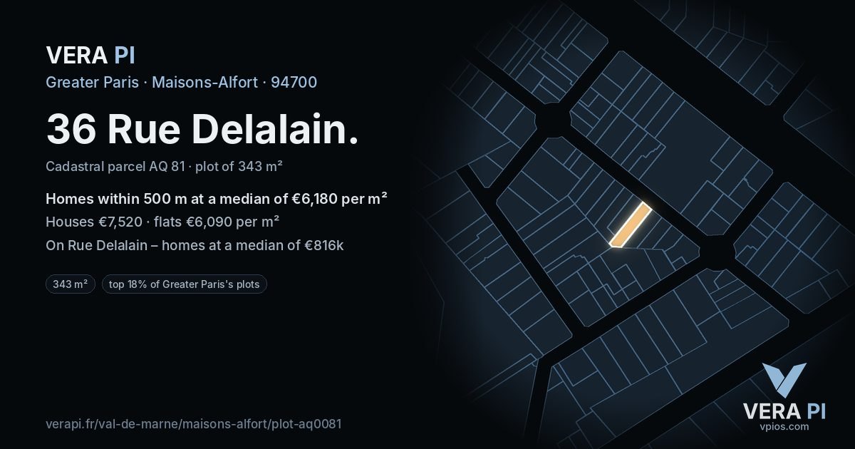 36 Rue Delalain, Maisons-Alfort at night – the plot lit, the parcels around coloured by the prices near them