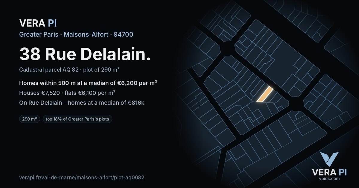38 Rue Delalain, Maisons-Alfort at night – the plot lit, the parcels around coloured by the prices near them