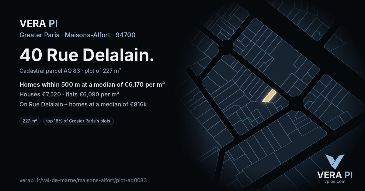 40 Rue Delalain, Maisons-Alfort at night – the plot lit, the parcels around coloured by the prices near them