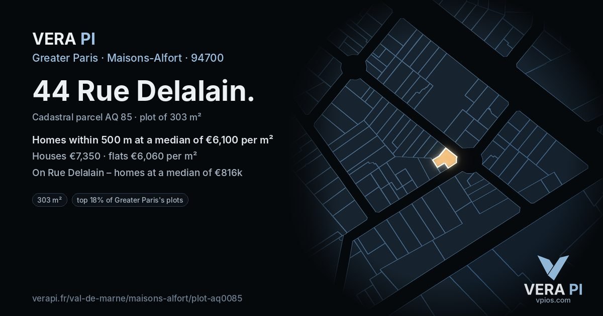 44 Rue Delalain, Maisons-Alfort at night – the plot lit, the parcels around coloured by the prices near them