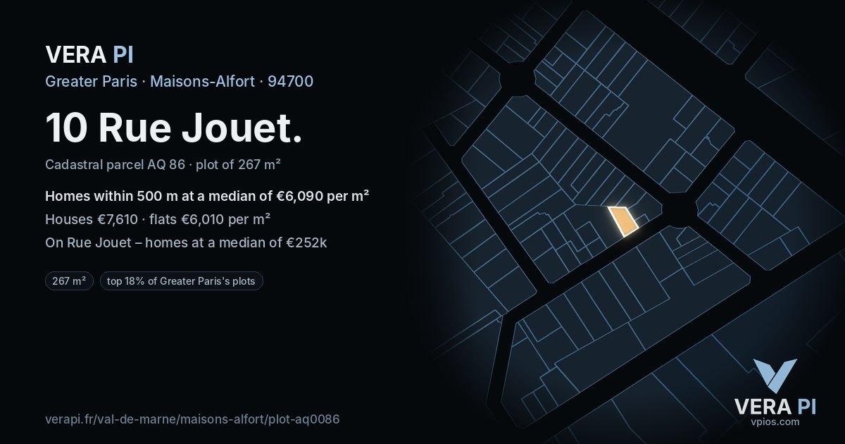 10 Rue Jouet, Maisons-Alfort at night – the plot lit, the parcels around coloured by the prices near them