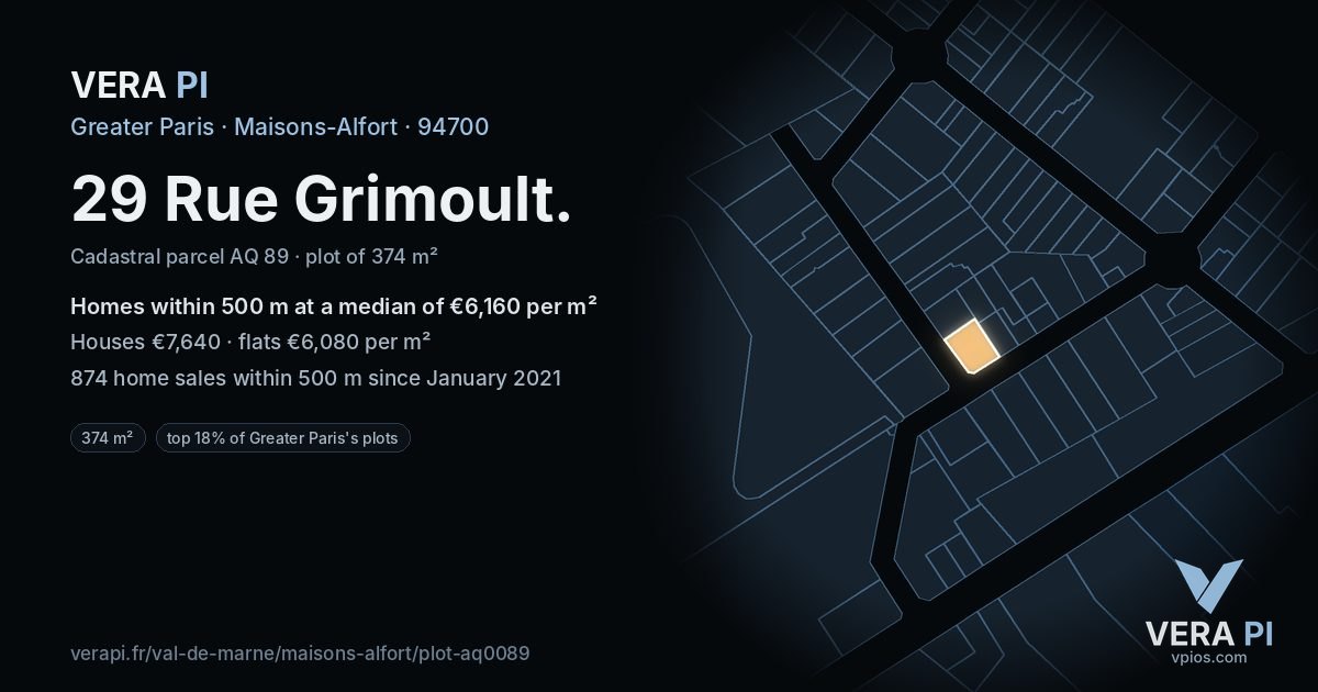 29 Rue Grimoult, Maisons-Alfort at night – the plot lit, the parcels around coloured by the prices near them