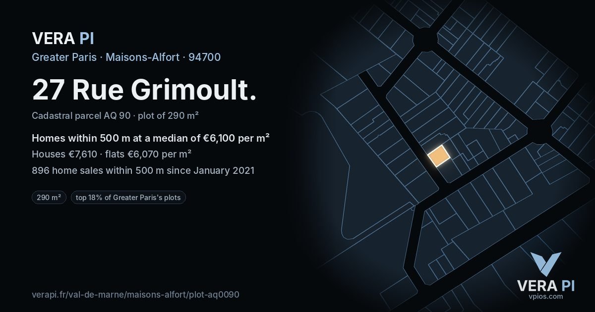 27 Rue Grimoult, Maisons-Alfort at night – the plot lit, the parcels around coloured by the prices near them