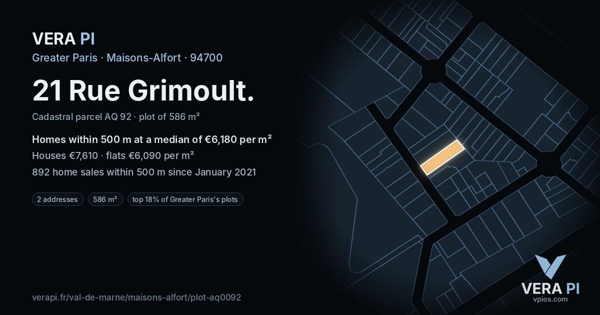 21 Rue Grimoult, Maisons-Alfort at night – the plot lit, the parcels around coloured by the prices near them