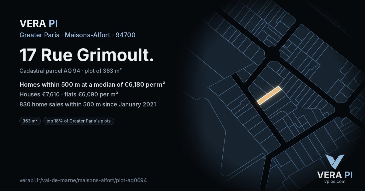 17 Rue Grimoult, Maisons-Alfort at night – the plot lit, the parcels around coloured by the prices near them