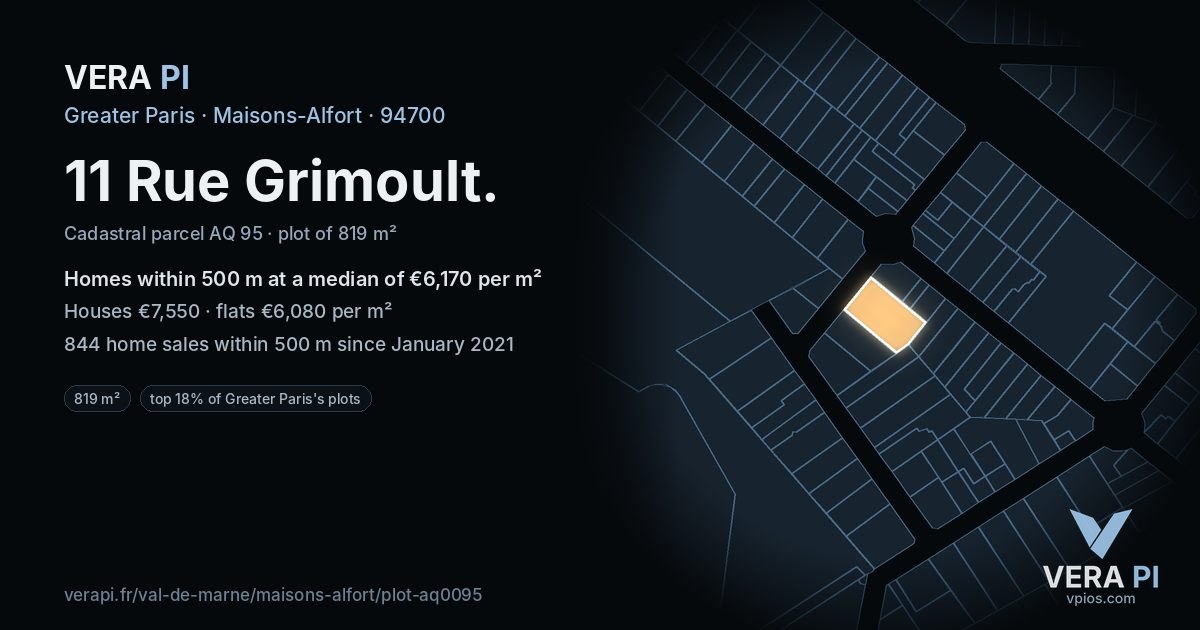 11 Rue Grimoult, Maisons-Alfort at night – the plot lit, the parcels around coloured by the prices near them