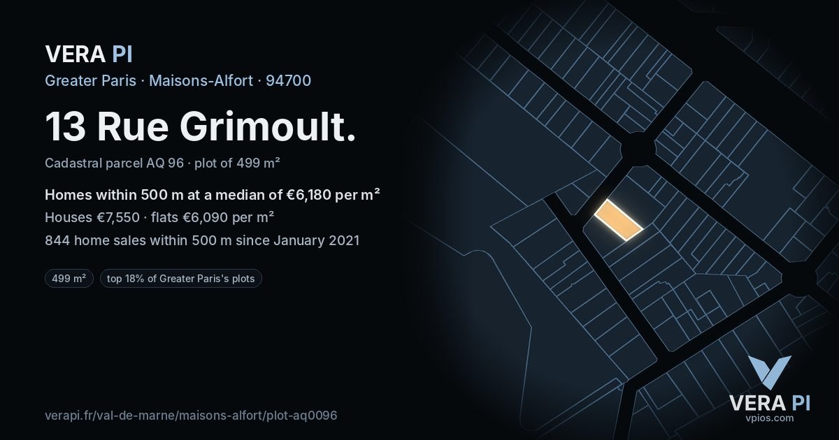13 Rue Grimoult, Maisons-Alfort at night – the plot lit, the parcels around coloured by the prices near them
