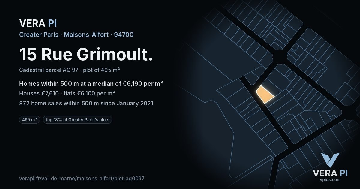 15 Rue Grimoult, Maisons-Alfort at night – the plot lit, the parcels around coloured by the prices near them