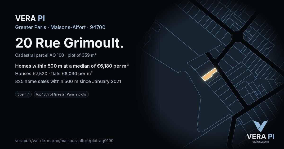 20 Rue Grimoult, Maisons-Alfort at night – the plot lit, the parcels around coloured by the prices near them