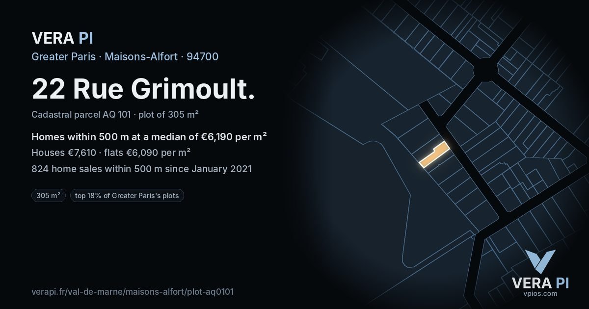 22 Rue Grimoult, Maisons-Alfort at night – the plot lit, the parcels around coloured by the prices near them