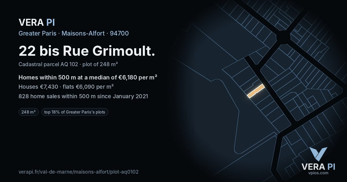 22 bis Rue Grimoult, Maisons-Alfort at night – the plot lit, the parcels around coloured by the prices near them