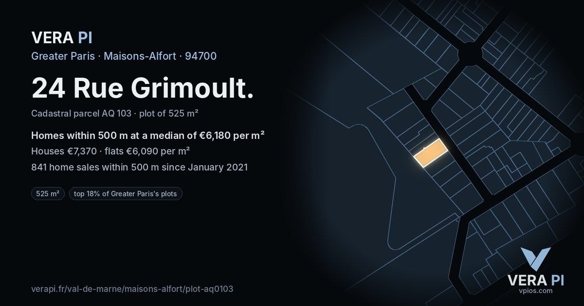 24 Rue Grimoult, Maisons-Alfort at night – the plot lit, the parcels around coloured by the prices near them