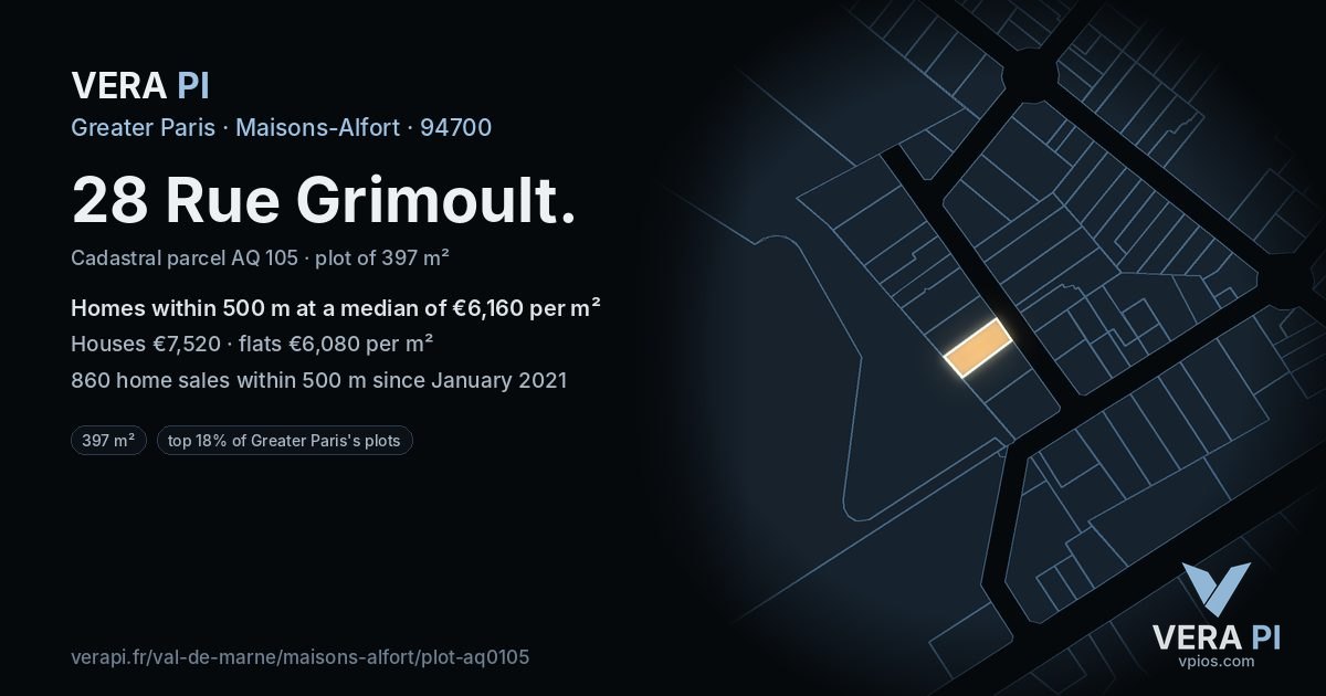 28 Rue Grimoult, Maisons-Alfort at night – the plot lit, the parcels around coloured by the prices near them