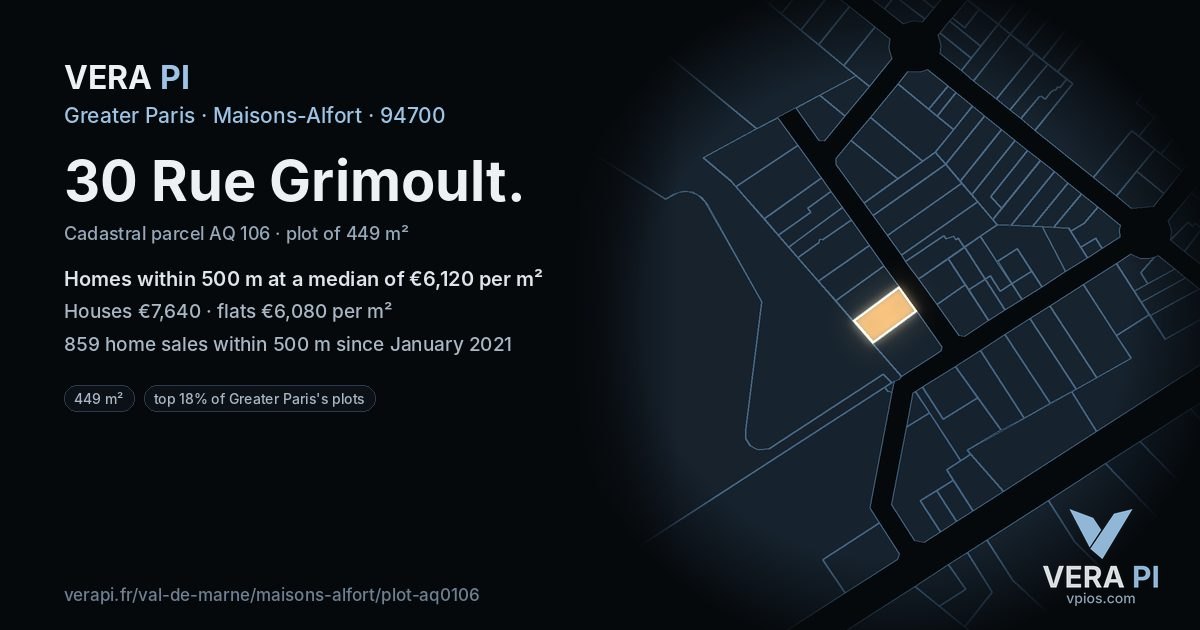 30 Rue Grimoult, Maisons-Alfort at night – the plot lit, the parcels around coloured by the prices near them
