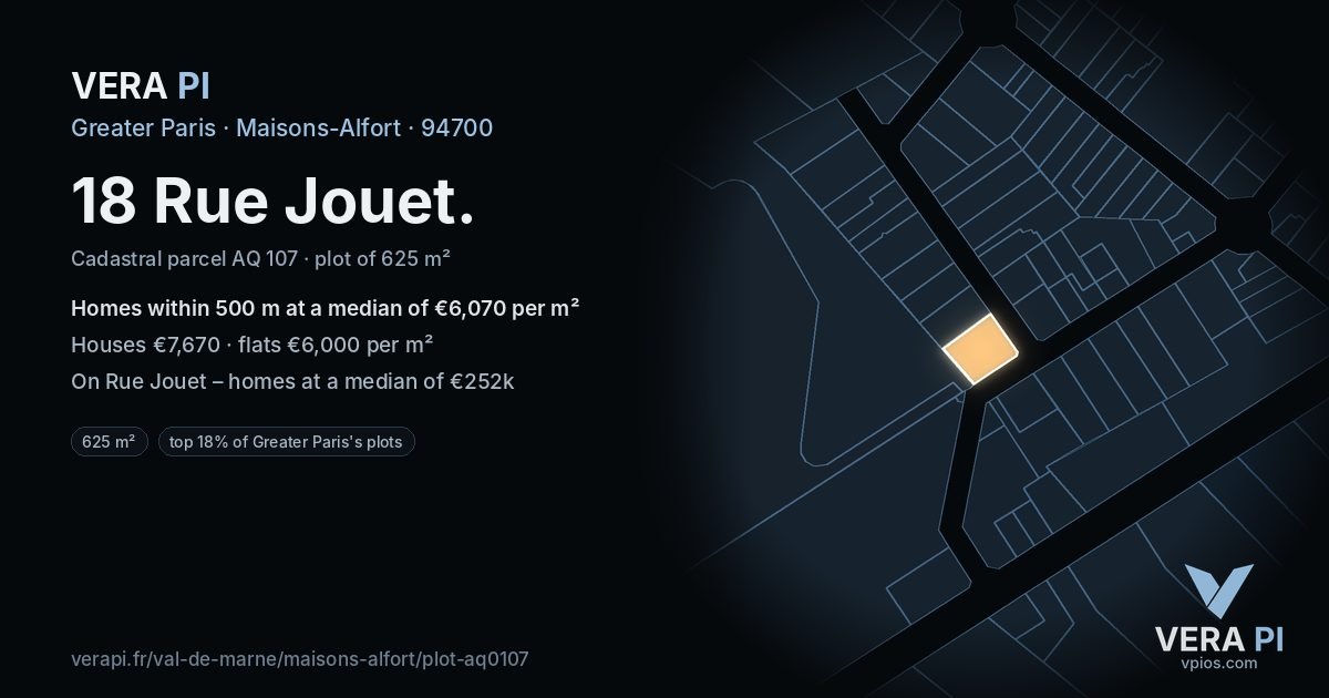 18 Rue Jouet, Maisons-Alfort at night – the plot lit, the parcels around coloured by the prices near them