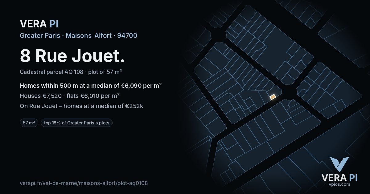 8 Rue Jouet, Maisons-Alfort at night – the plot lit, the parcels around coloured by the prices near them