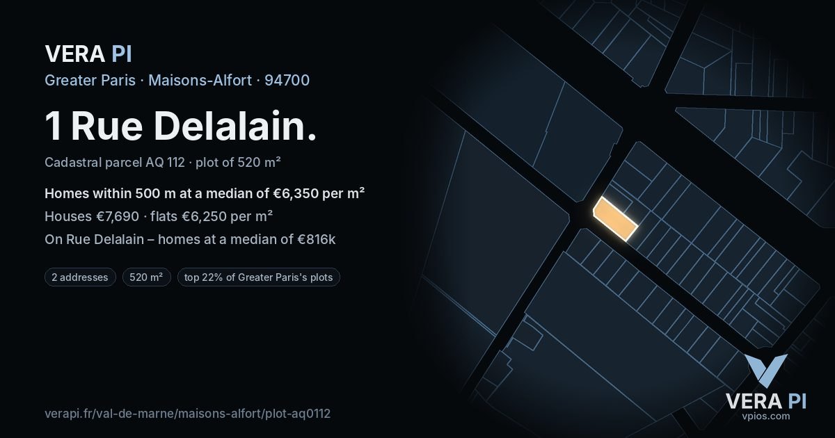 1 Rue Delalain, Maisons-Alfort at night – the plot lit, the parcels around coloured by the prices near them