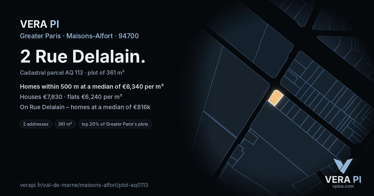 2 Rue Delalain, Maisons-Alfort at night – the plot lit, the parcels around coloured by the prices near them