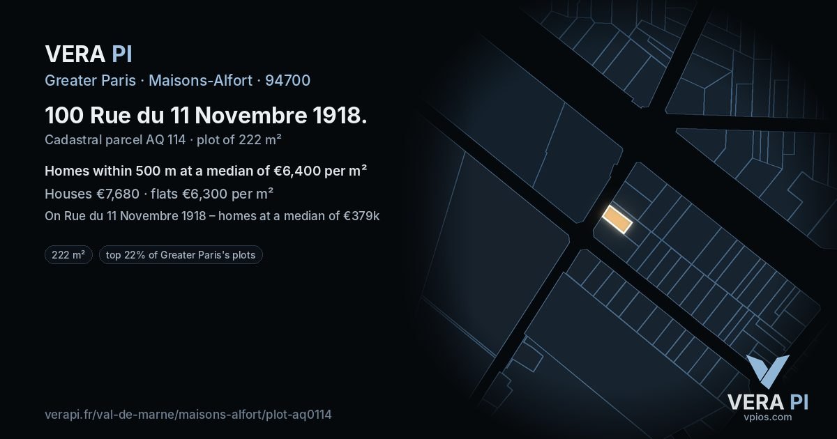 100 Rue du 11 Novembre 1918, Maisons-Alfort at night – the plot lit, the parcels around coloured by the prices near them