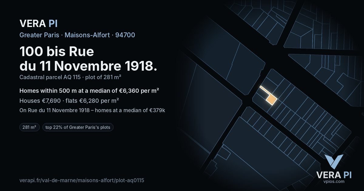 100 bis Rue du 11 Novembre 1918, Maisons-Alfort at night – the plot lit, the parcels around coloured by the prices near them